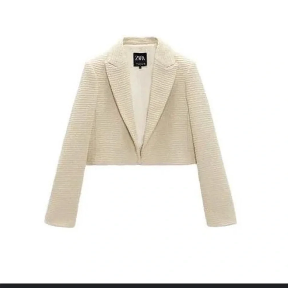 Zara Textured Cream Cropped Blazer Women’s Size Large - Picture 1 of 4